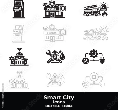 Smart City Black Vector Icon Set with Urban Technology and IoT Infrastructure Symbols