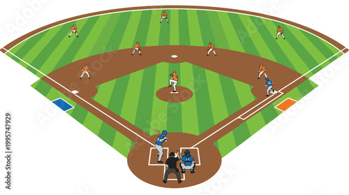 Overhead view of baseball diamond with fielders, batter, pitcher, catcher and umpire on green grass field