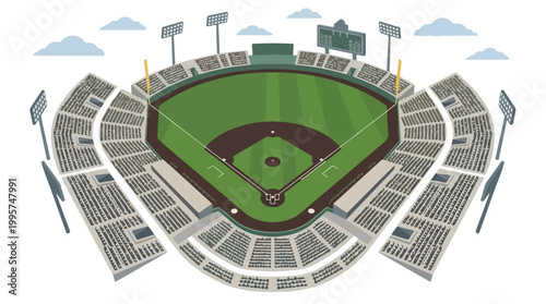 Aerial isometric view of empty baseball stadium with green field, dirt diamond, seating stands, floodlights
