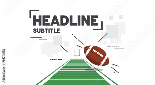 Flying American football heading towards goalpost on vibrant green turf field with headline and subtitle placeholders