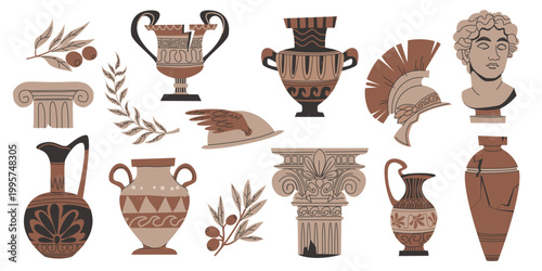 Ancient Greek elements, amphora with traditional patterns and classic statue or bust silhouette, cartoon vector set isolated on white. Elegant vase illustration, Grecian pottery, cultural symbols