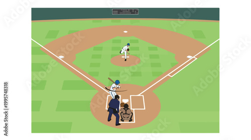 Baseball pitcher delivers pitch from mound to batter at home plate with catcher and umpire on diamond field