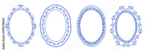 Italian frames with crayon or paint doodle texture, blue pastel waves and floral pattern, isolated on white background. Mediterranean oval border set for summer posters, wedding vintage designs