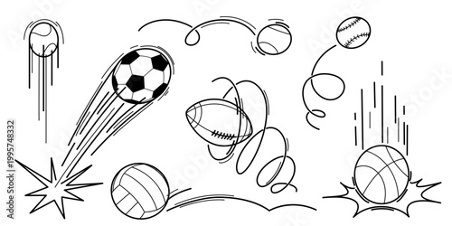 Dynamic ball bounce set with spiral spinning trajectory and jumping curves, vector speed motion doodle icons with movement direction effect, rebound paths, black flowing lines on white background