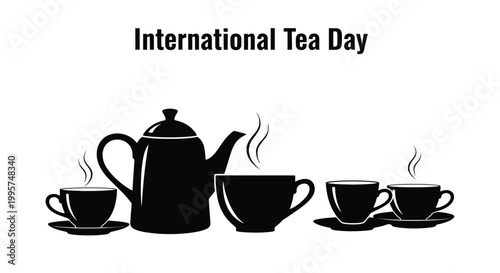 International Tea Day vector illustration with a stylish teapot and multiple steaming teacups in a clean design.