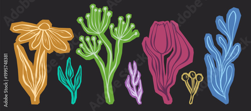 Vintage spring flower doodle stickers with cut out floral paper elements for scrapbook projects, abstract vector icons isolated on background. Retro craft collage designs, and aesthetic sketch art