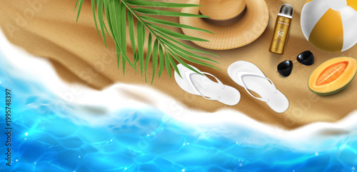 Sandy beach banner with sunscreen, sunglasses, flip flops and hat, ball and palm leaves on summer sea shore, 3d realistic vector background, top view. Tropical product display for cosmetic ads
