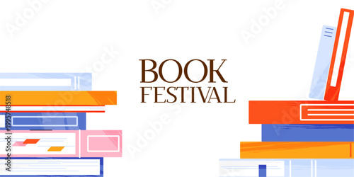 Book festival cover design with stack or pile of books. Cartoon vector illustration, simple border isolated on white background for library posters, educational fairs, and literature event banner