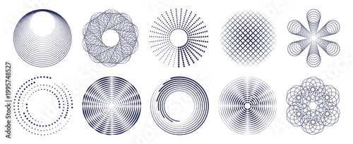Circular pattern with halftone dots, radial energy waves, abstract vector icons isolated on background. Modern geometric design elements, wireframe shapes, spiral swirl effect, ripple gradient texture