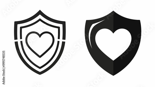 Two black and white shield icons with heart motifs