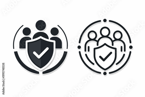 Team security and protection icons two circular designs with people and shields