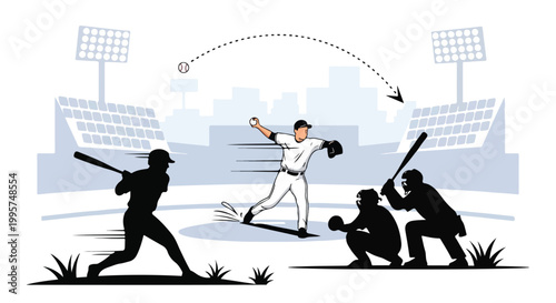 Silhouette of baseball players in dynamic game action on stadium field with city skyline and floodlights