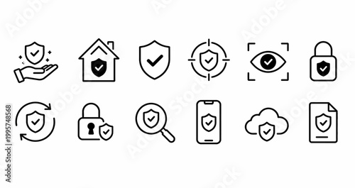 Security and protection icons set hand house shield camera lock