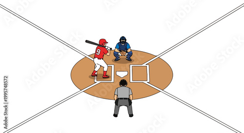 Baseball batter at home plate with catcher squatting and umpire positioned behind on the diamond field