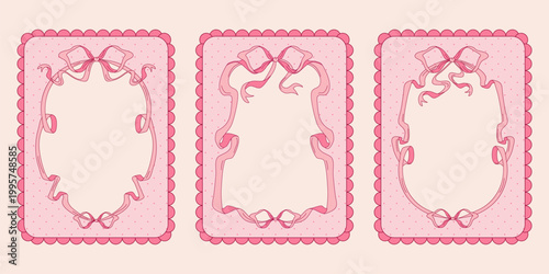 Whimsical pink ribbon frame with coquette bow, vintage vector borders isolated on background. Girly birthday invitation design, wedding cards with hand drawn pastel lines, cute dot pattern