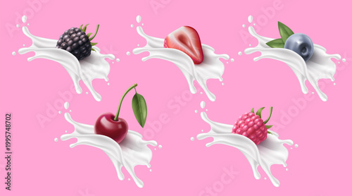 Yogurt splash set with 3D berries isolated on pink background. Vector realistic illustration of fresh blackberry, strawberry, blueberry, cherry, raspberry, white milk splatter, dairy packaging design