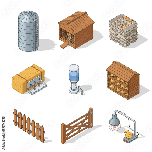 Isometric Farm Elements and Chicken Coop Components