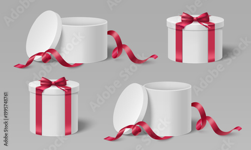 White cylindrical gift box with elegant red ribbon bow, 3d realistic vector illustration isolated on background. Round hat tub, cardboard container for present design, open and closed lid.