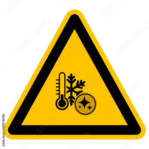 Warning sign with thermometer and snowflake icon combined with sparkles representing low temperature climate control technology and artificial intelligence data analysis