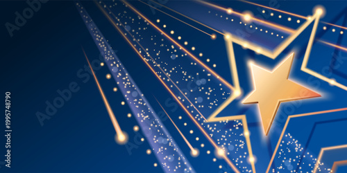 Luxury award ceremony banner with golden star and shimmering lines on blue background. Vector realistic illustration of talent show banner, party or concert stage design element, winner celebration