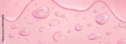 Pink gel droplets, liquid oil border and water bubbles, vector fresh cosmetic background with realistic texture. Flowing acid serum or jelly collagen splash, skincare and beauty product design