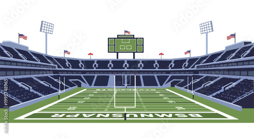 Expansive American football stadium with lush green turf field, tiered blue seats, bright floodlights and waving flags