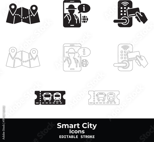 Smart City Black Vector Icon Set with Urban Technology and IoT Infrastructure Symbols