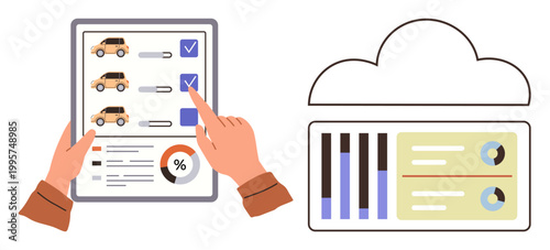 Vehicle purchase, cloud data, analytics, decision making, user interface, technology. Hands using a tablet to select cars and showing data comparison with cloud graphic. Vehicle purchase and cloud