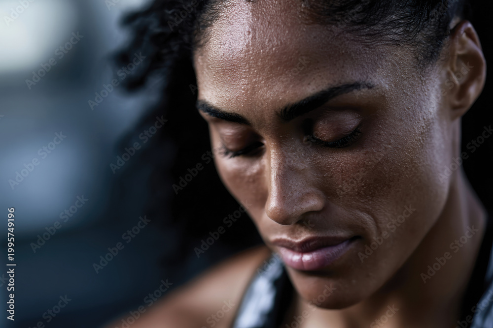 Fototapeta premium A close-up of a focused female athlete shows her exhaustion post-workout, capturing the emotional toll of physical fitness and dedication to personal goals in training.