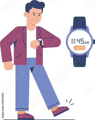 Angry man looking at watch being late for appointment
