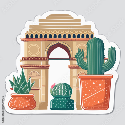 India Gate with Potted Cacti Illustration