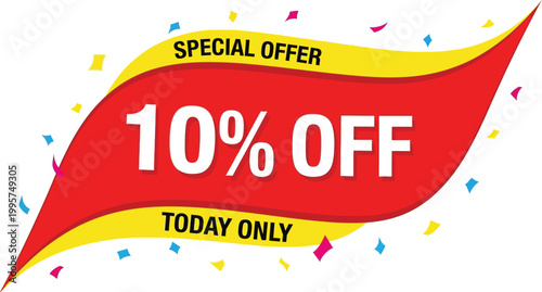 Red and yellow 10 percent off special offer banner with confetti
