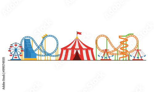 Amusement Park Rides and Carnival Circus Tent Vector Illustration