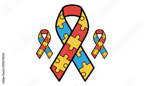 Autism awareness ribbon with puzzle piece pattern on white background