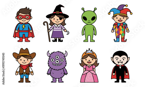 Children in Various Costumes Set Flat Vector Illustration