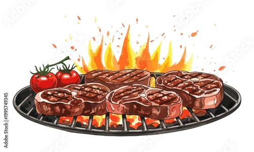 Grilled Beef Steaks on Charcoal Fire with Tomatoes Watercolor Art