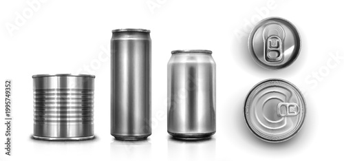 3d metal can mockup with ribbed surface, realistic texture, vector illustration isolated on white background. Aluminum or tin cylinder template for food, soda drinks or paint product, packaging design