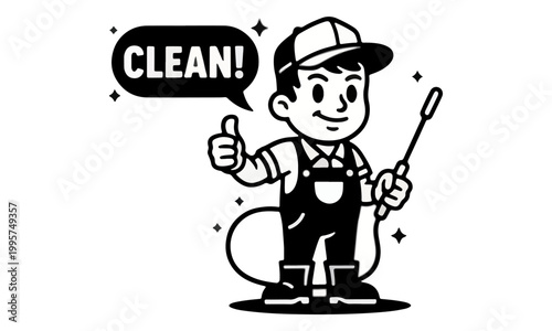 Cartoon cleaner mascot giving thumbs up holding spray wand