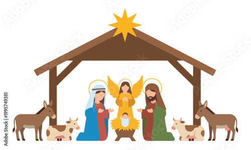 Nativity Scene with Holy Family and Animals in Stable Illustration