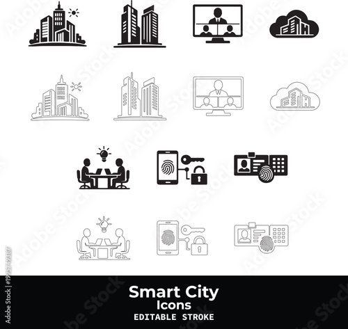 Smart City Black Vector Icon Set with Urban Technology and IoT Infrastructure Symbols