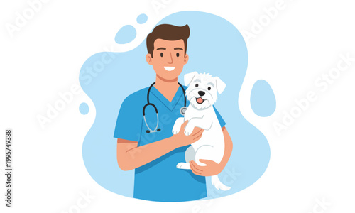 Male veterinarian in blue scrubs holding white dog illustration