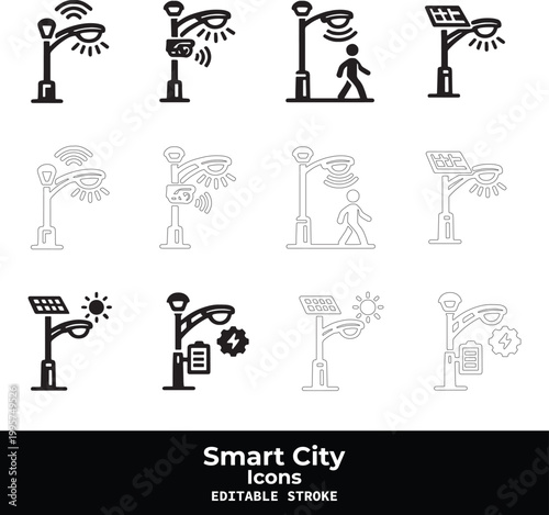 Smart City Black Vector Icon Set with Urban Technology and IoT Infrastructure Symbols