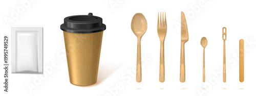 Realistic 3D plastic cup with disposable cutlery, beige takeaway mug with cap, fork, spoon, knife and wood stir stick, vector illustrations isolated on background for cafe and fast food mockup design