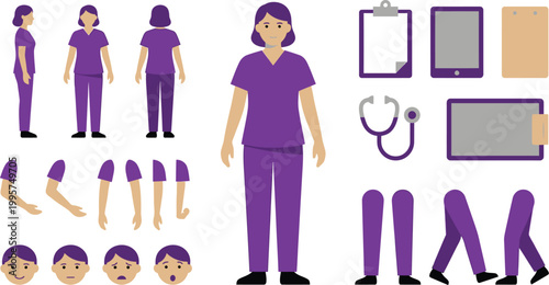 Nurse character construction kit includes various poses, facial expressions, and essential medical equipment for animation.