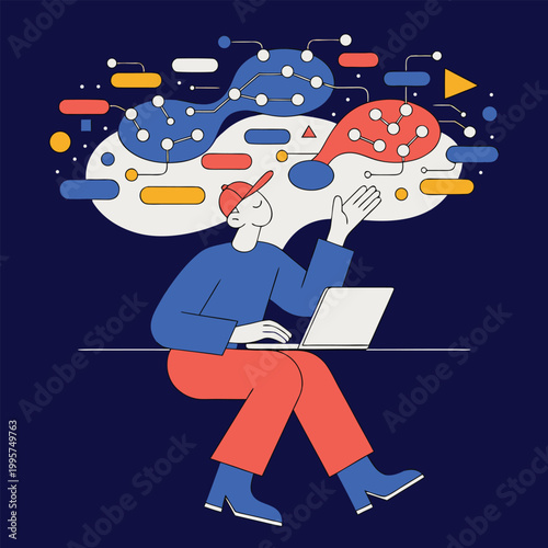 Person using laptop with thought bubble and productivity enhancement concept