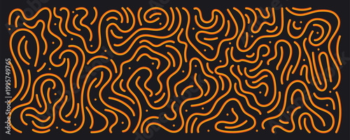 Abstract squiggle doodle curved wavy lines in dynamic pattern, vector illustration isolated on black background. Neon orange gradient twists and loops, modern graphic design elements with fluid shapes