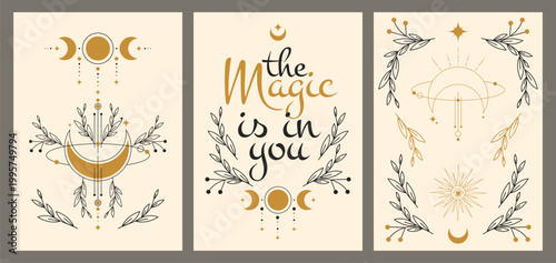 Mystical magic poster set, vector background with moon eclipse phases, stars and sun celestial symbols, and floral design elements. Witchcraft flyers, esoteric art, alchemy illustrations