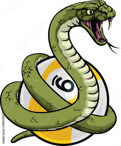 Snake nine ball pool billiards sports mascot holding a 9 ball cartoon illustration
