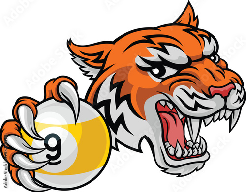 Tiger nine ball pool billiards sports mascot holding a 9 ball cartoon illustration