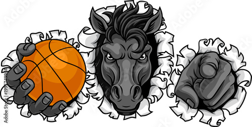 Horse mustang bronco stallion basketball angry sports team mascot holding a ball.